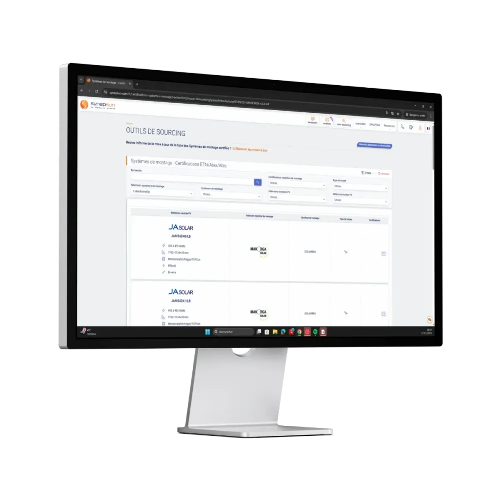 Nous avons le plaisir de vous annoncer l’ajout du système de montage ManOrga Solar dédié aux projets en ombrière à notre moteur de recherche sur SYNAPSUN.COM.  